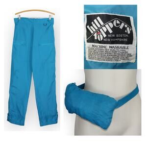 VTG Hill Toppers S/M PACKABLE Snow Rain Pants Shell Turquoise WaistBag Vintage